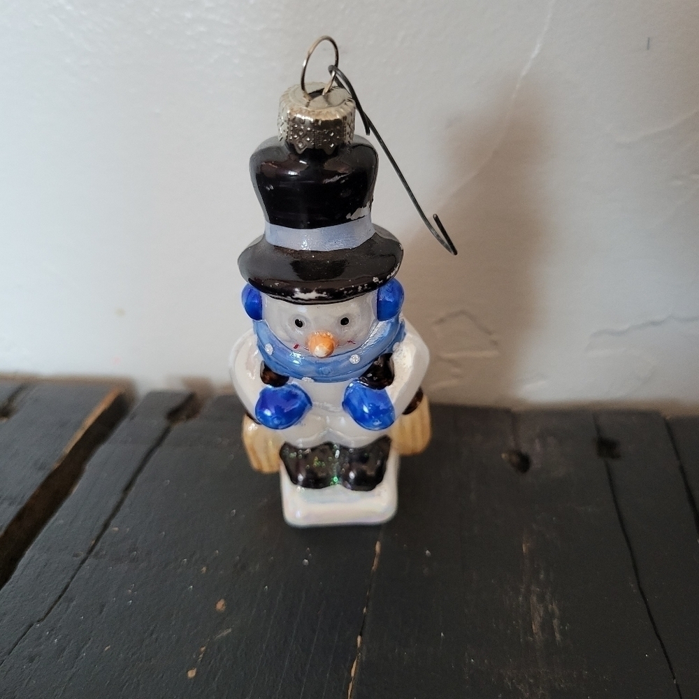 Vintage Snowman Blown Ornament Blue Black White Mercury Glass Christmas Tree